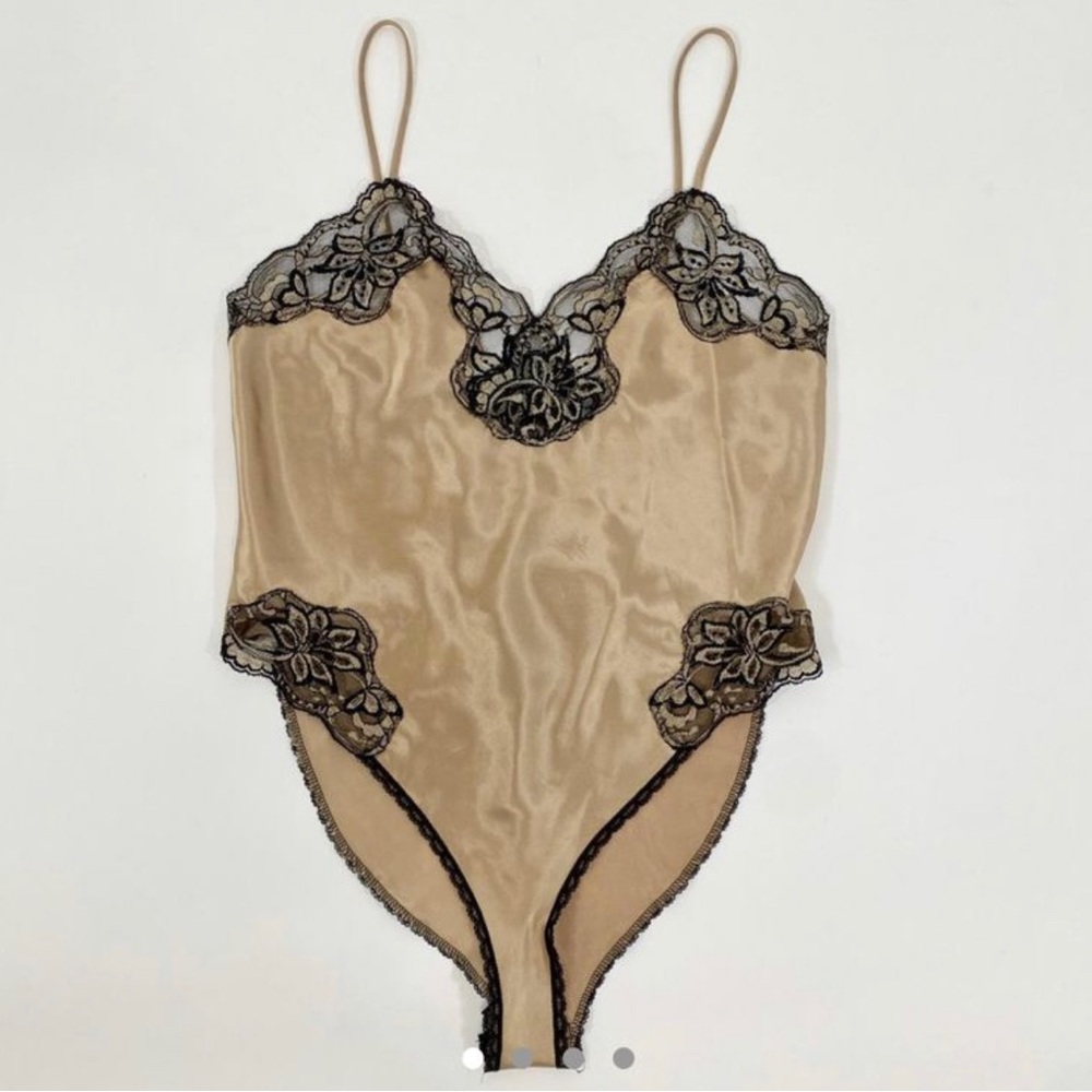 VINTAGE: bodysuit, satin, lace, gold, medium,